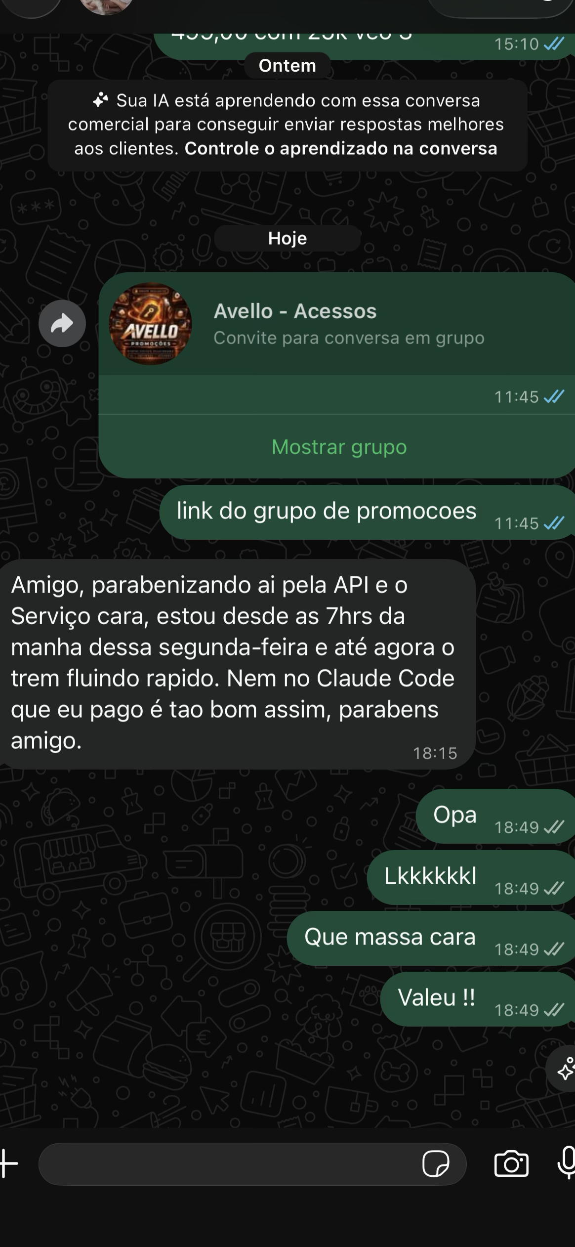 Print original 18 de uma conversa de cliente no WhatsApp